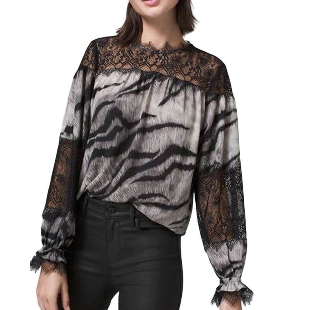 NWT ~ WHITE HOUSE BLACK MARKET Black Lace Yoke Tiger Blouse Boho WHBM ~ Size XS